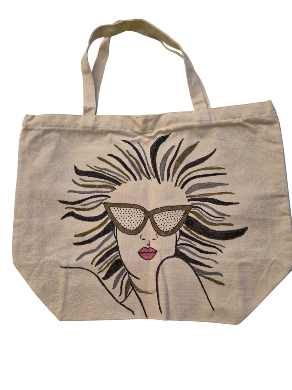 Hand Painted By Me. Zippered Canvas Tote Bag.Cream, Black & Gold. Gusset Bottom
